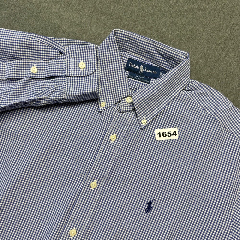 Ralph Lauren Blake Mens M Blue Gingham Check Button Down Two-Ply Cotton Shirt